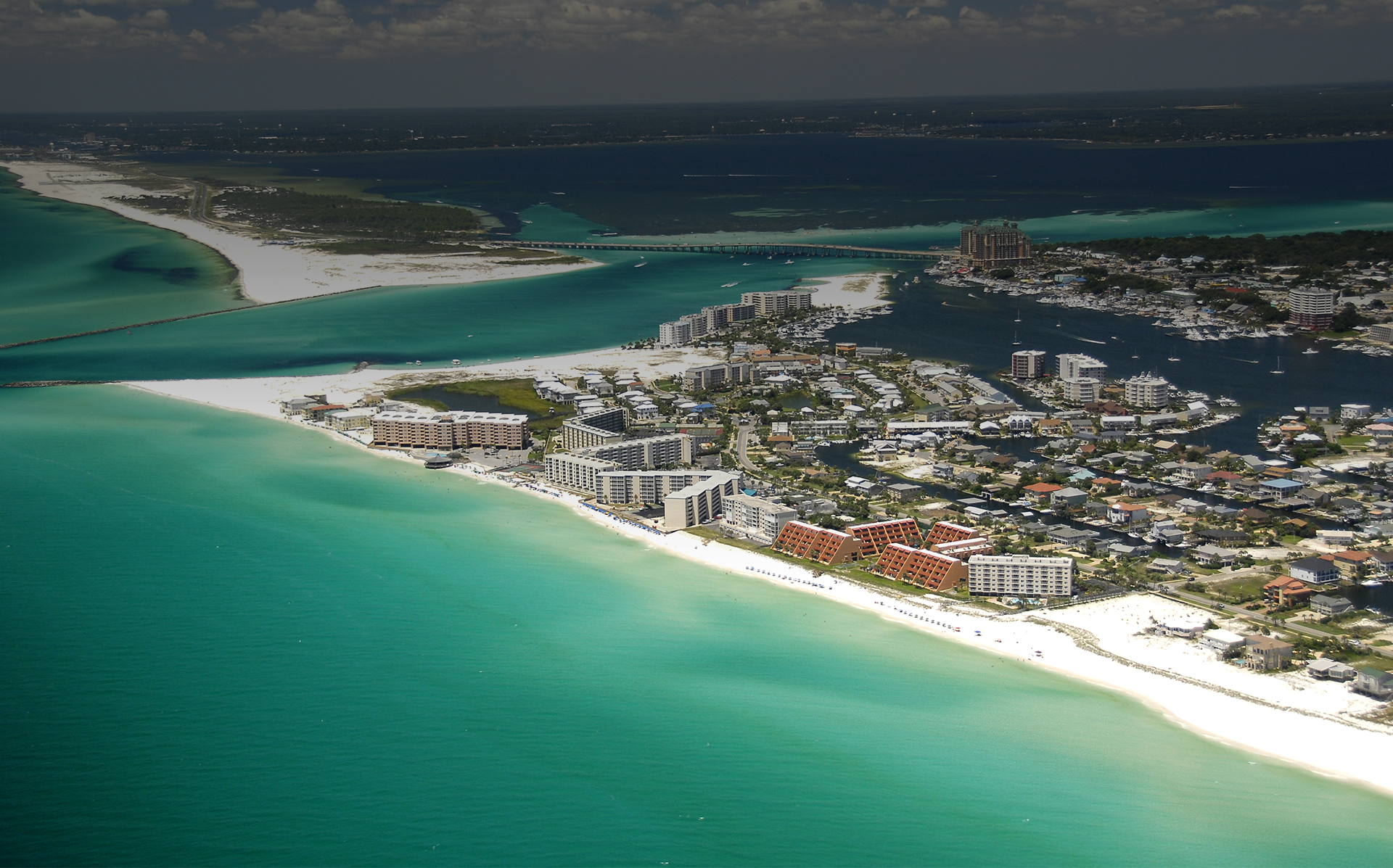 an aerial view of destin by the beach